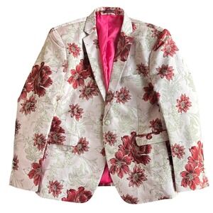 Mens Pink Red Floral Brocade Metallic Prom Blazer One Button Formal Size 44